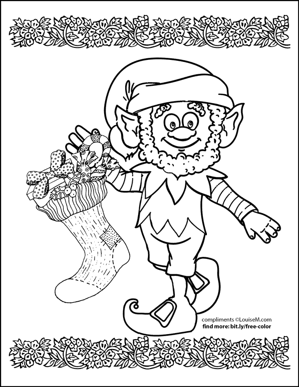 Christmas coloring page of Santa's elf holding a stocking.