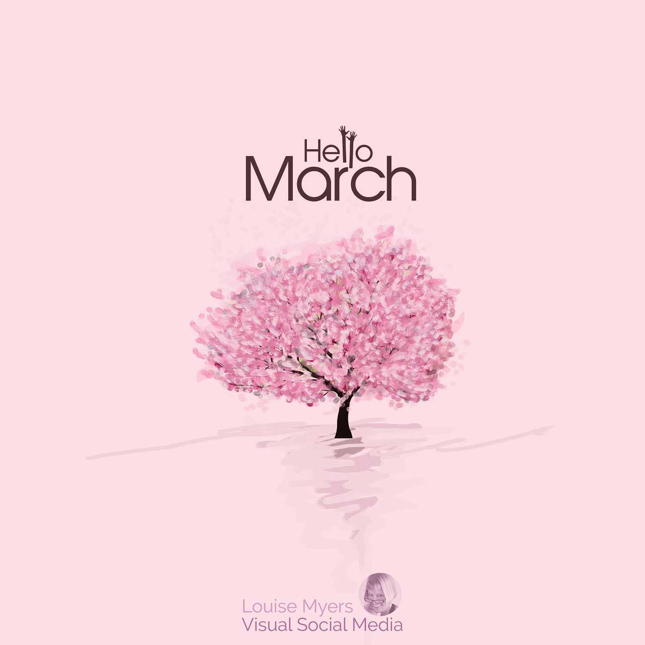 Hello March on pink flowering cherry tree.