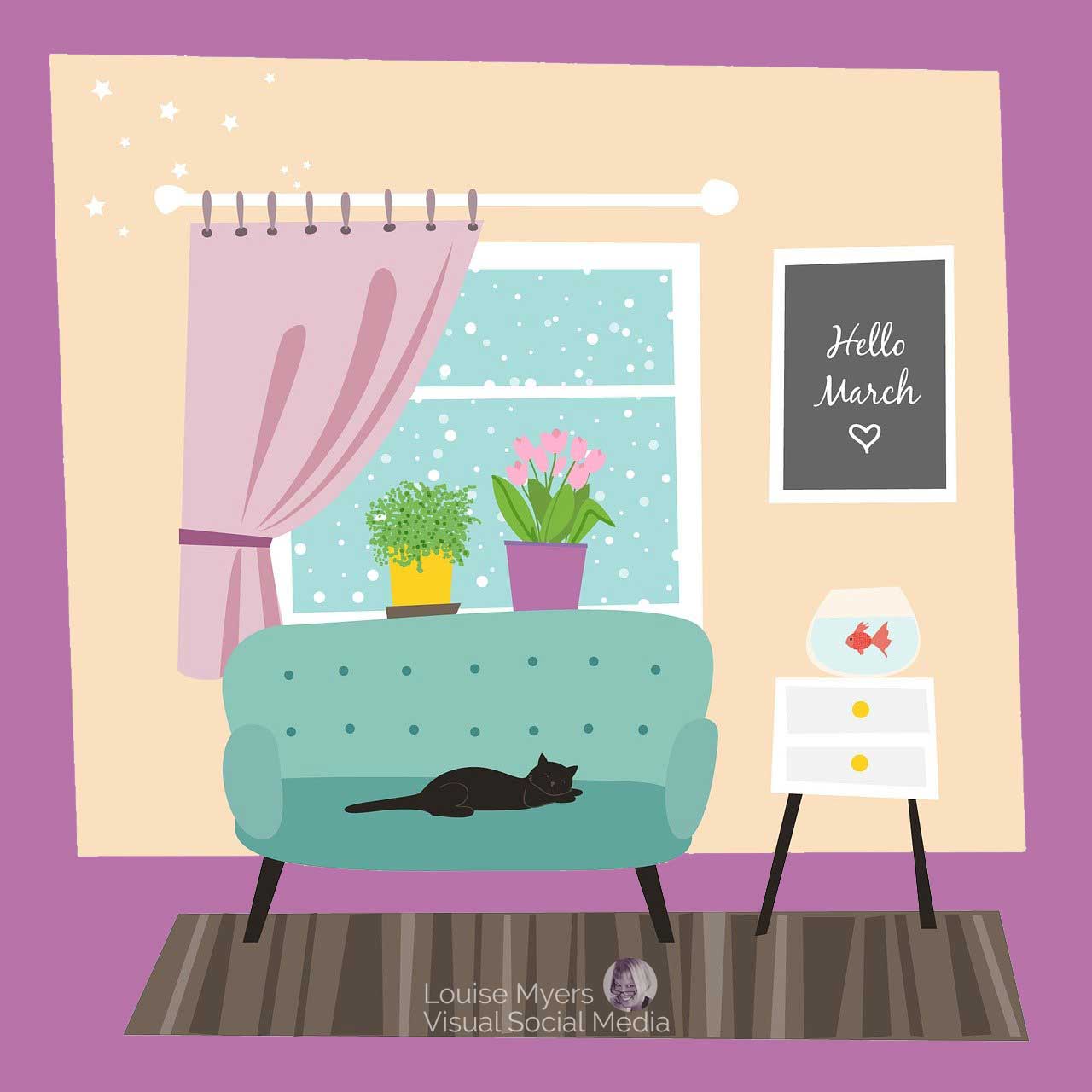 Hello March on chalkboard by cat sleeping on sofa with snow scene outside.