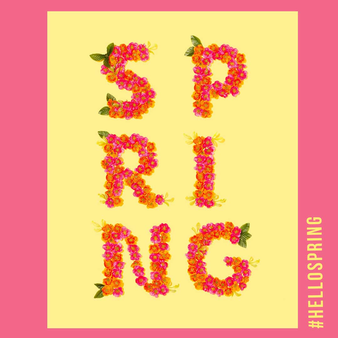 letters SPRING made out of flowers with hashtag hello spring.