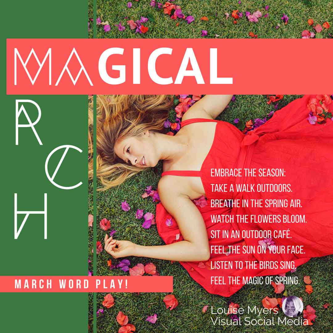 woman in red dress lying on grass with flower petals has words suggesting ways to make it a magical March.