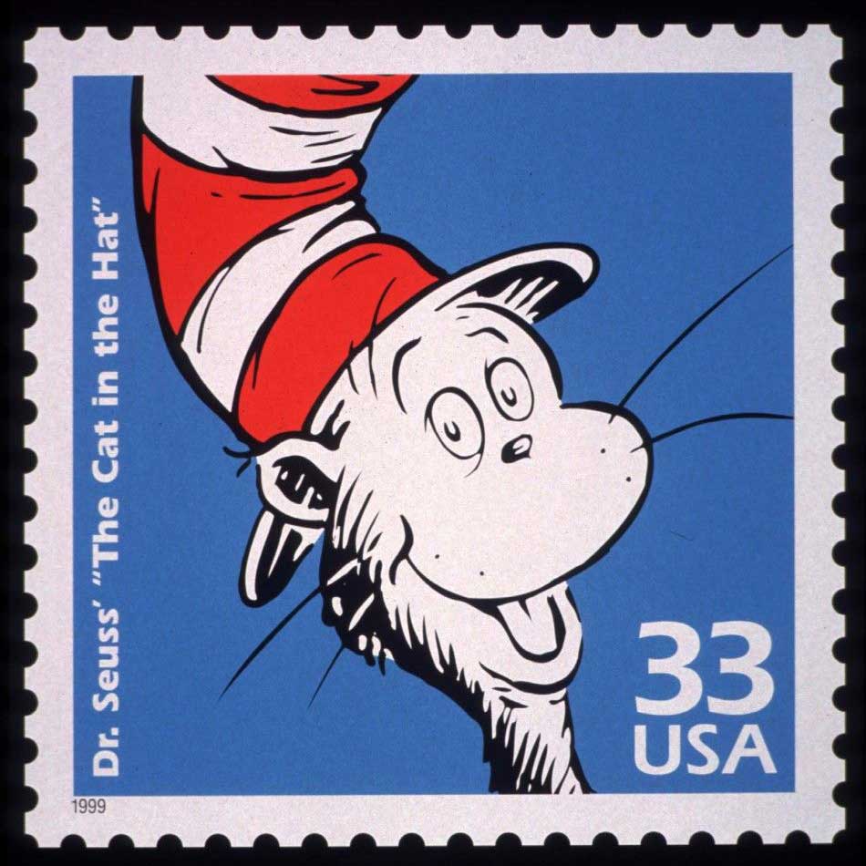 cat in the hat postage stamp for doctor seuss day on march 2.