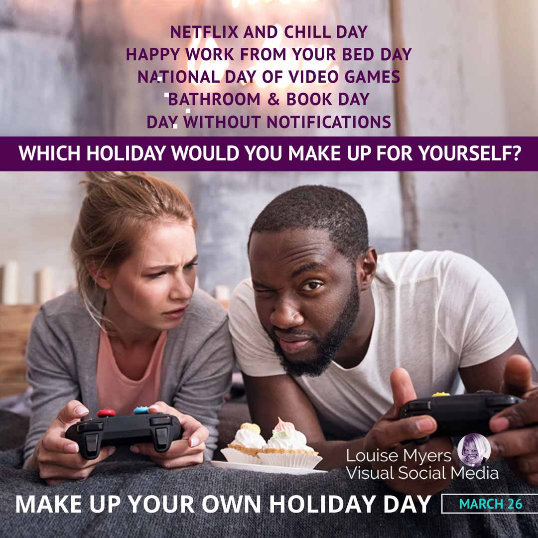man and woman playing video game gives ideas for National Make Up Your Own Holiday Day.