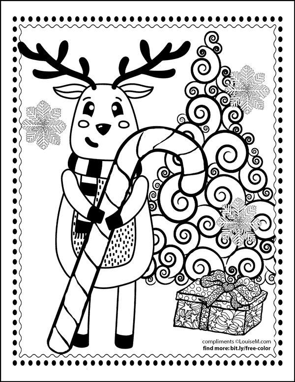 Christmas coloring page of reindeer holding candy cane.