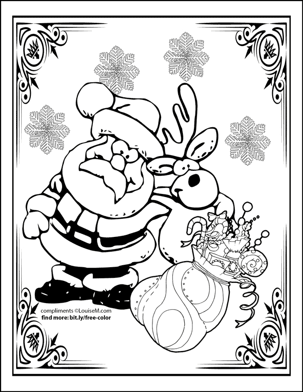 Christmas coloring page of Santa with reindeer and sack of toys.
