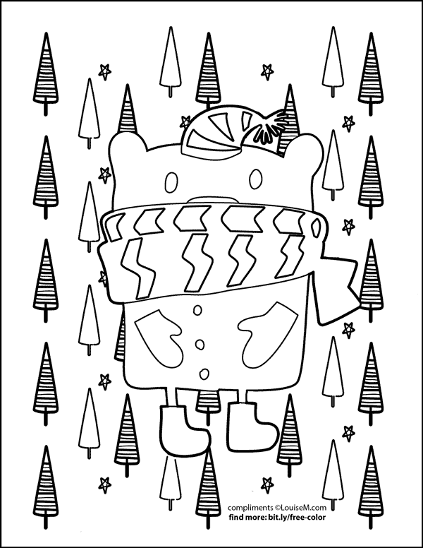 coloring page of bear wearing hat scarf and mittens on christmas tree background.
