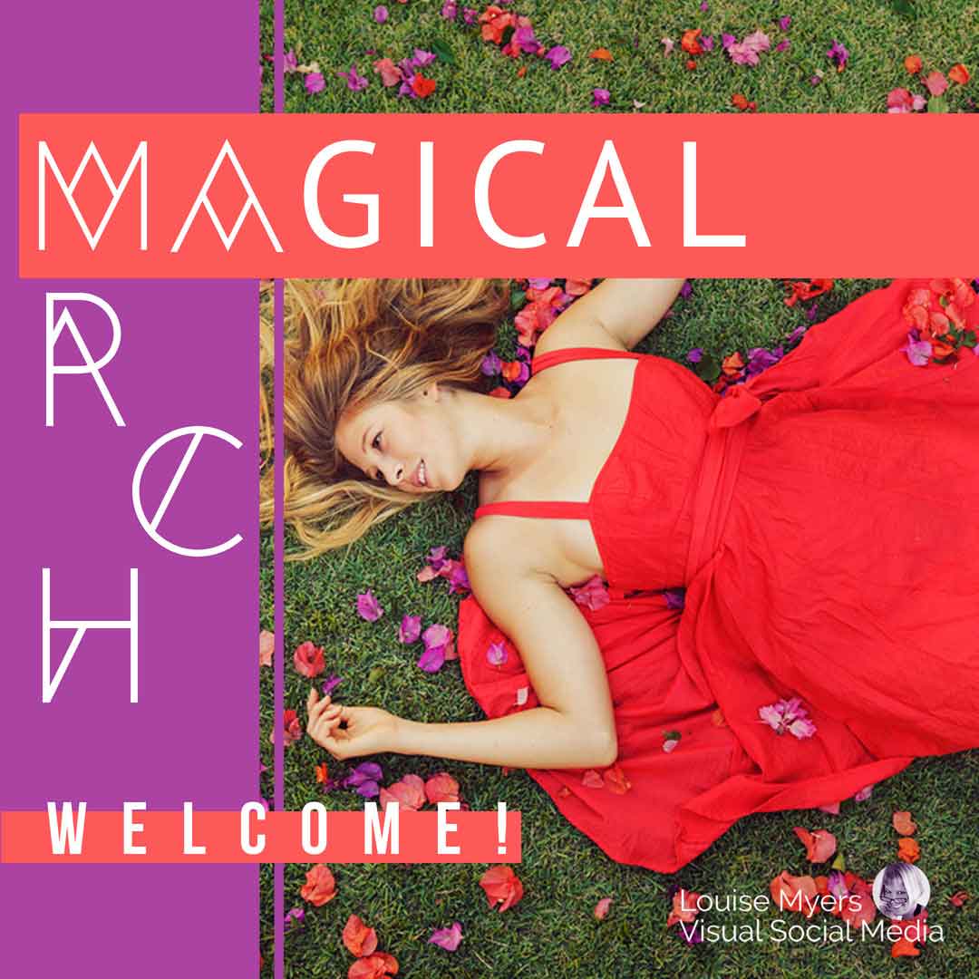 woman in red dress lays amongst flower petals with text overlay, Welcome magical March..