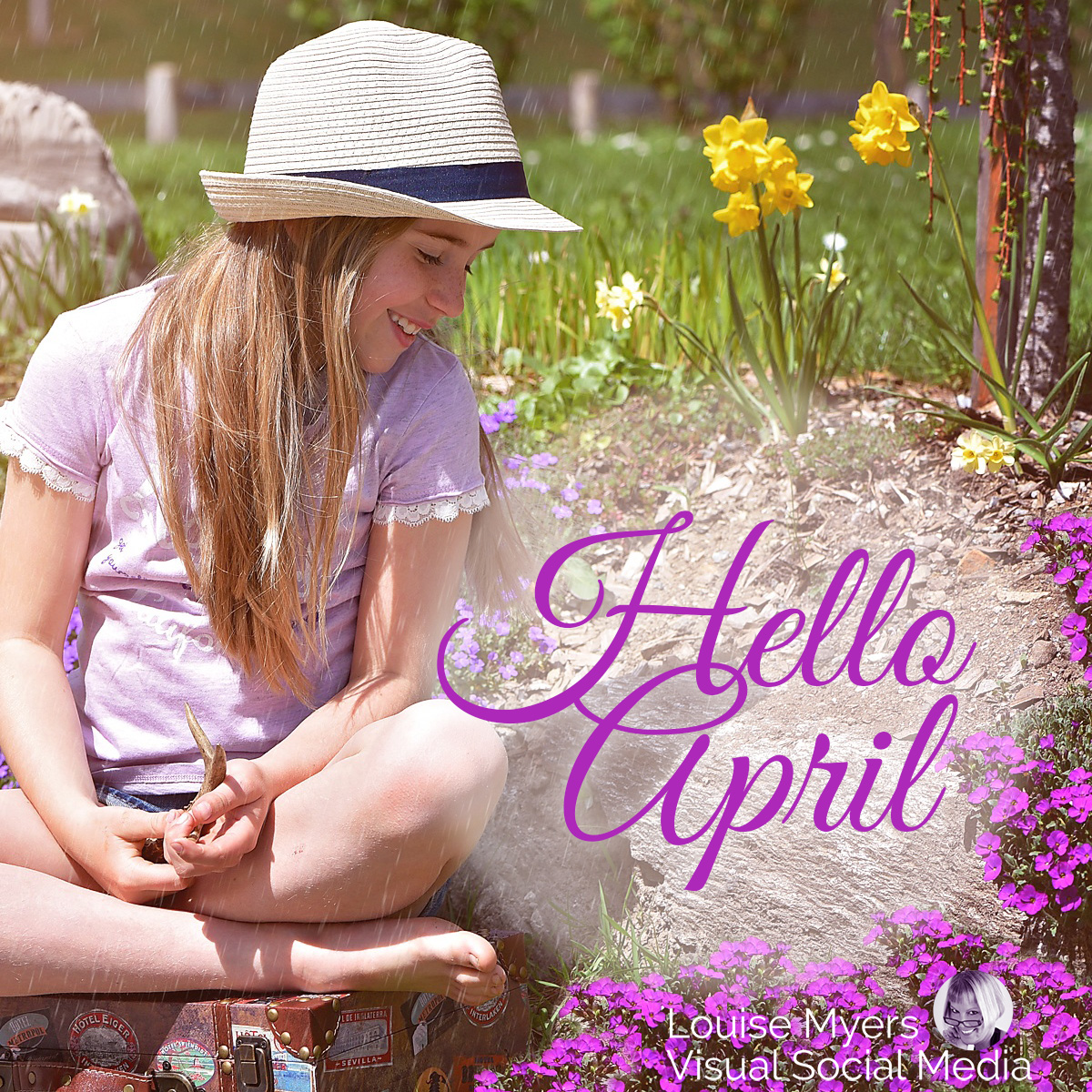 girl sitting in sunny flower garden says hello april.