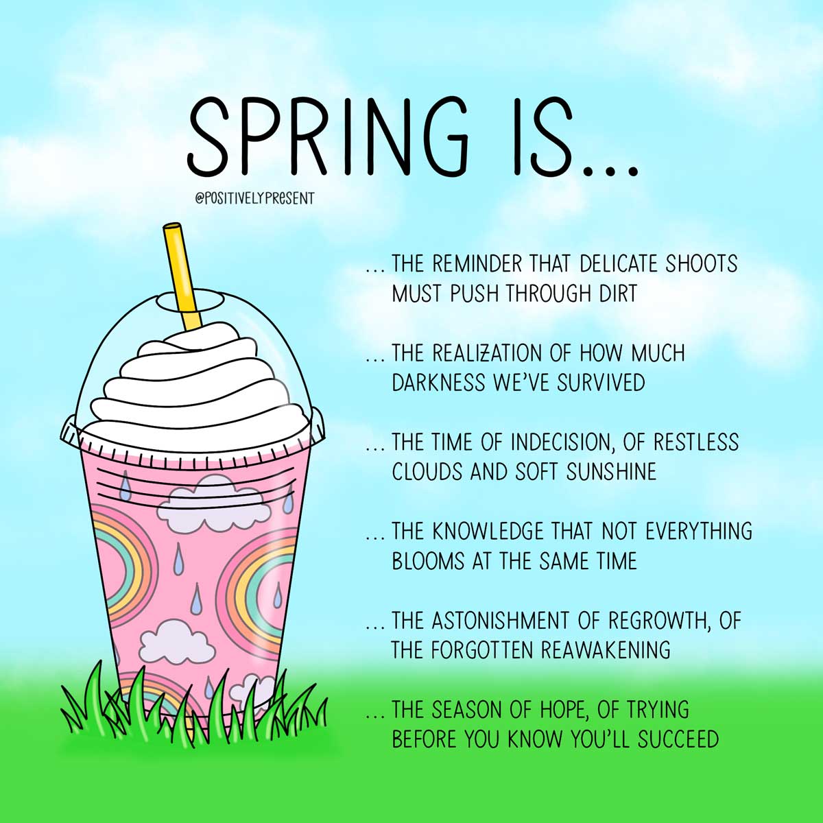 soft serve in pink cup on green grass lists things spring is.