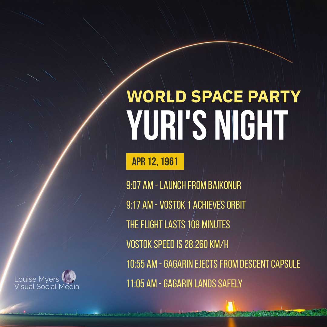night photo says april 12 is yuri's night, world space party.