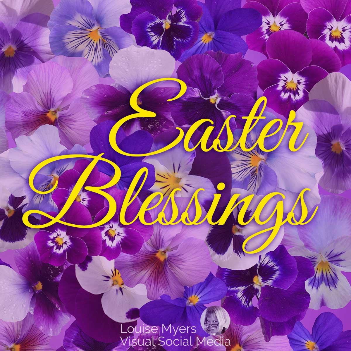 purple panssies says easter blessings in script font.