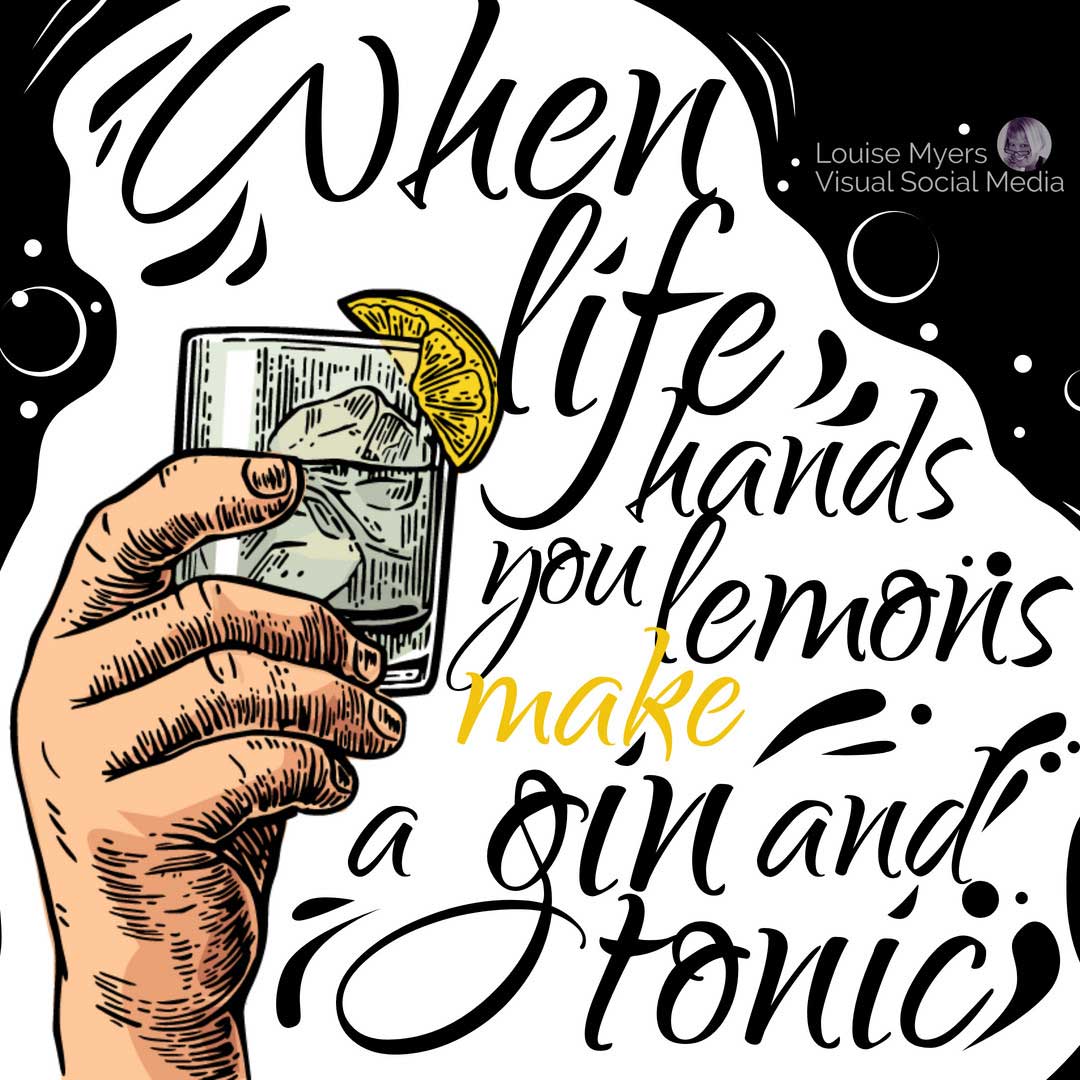 wood cut art od hand holding gin and tonic with quote for april 9.