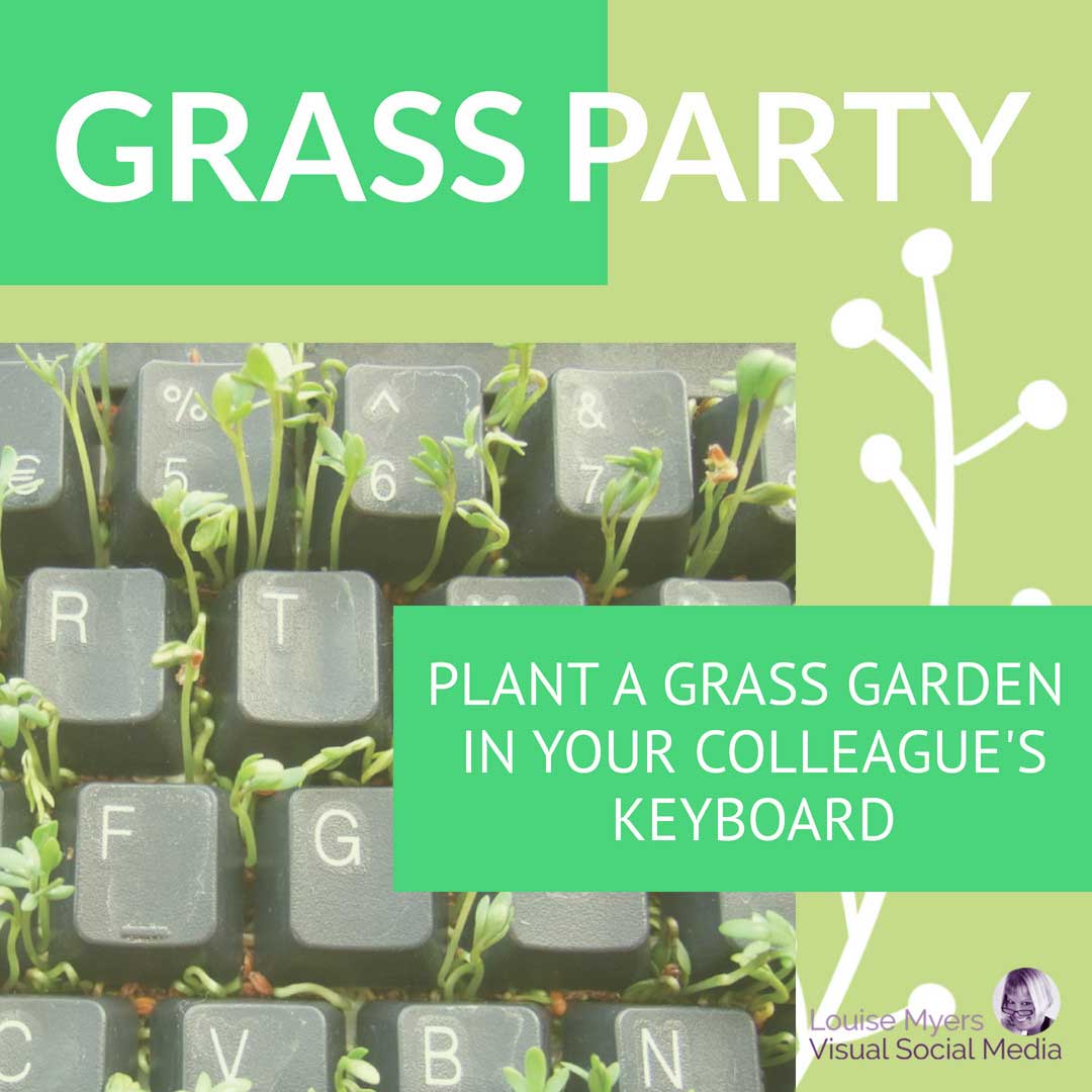 keyboard with grass growing says April Fool’s Day prank idea.