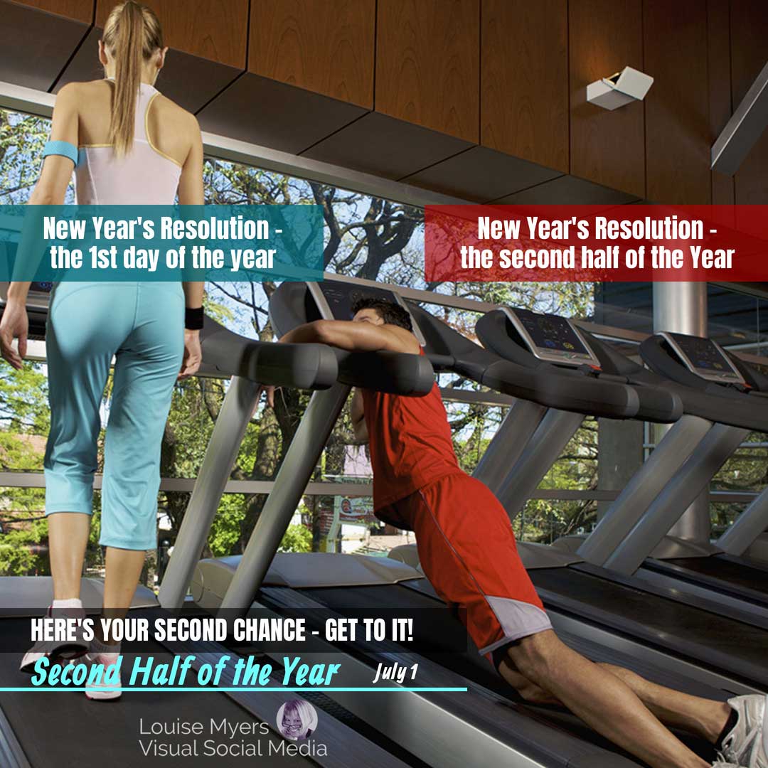 woman on treadmill and guy loafing in gym reviews New Year resolutions on second half of the year day.