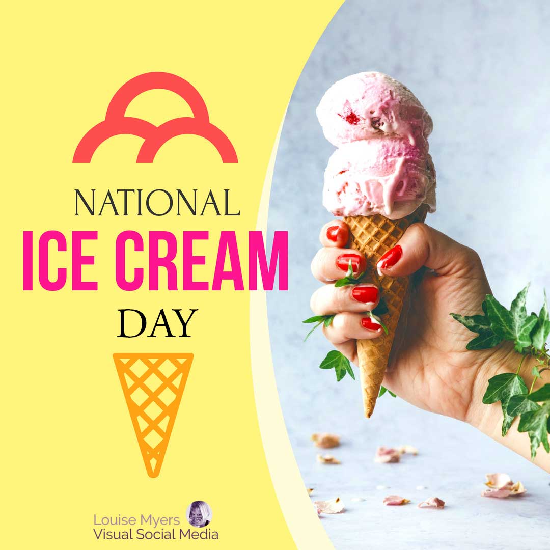 hand holding melting ice cream cone with text National Ice Cream Day on yellow background.