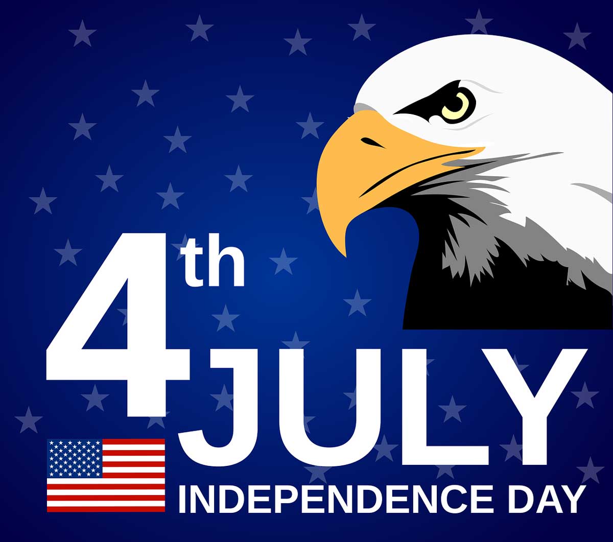 eagle graphic on deep blue says 4th of july independence day in white letters with american flag.