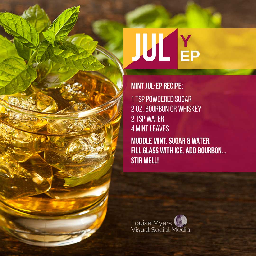 mint julep in old fashion glass has recipe in overlay box.