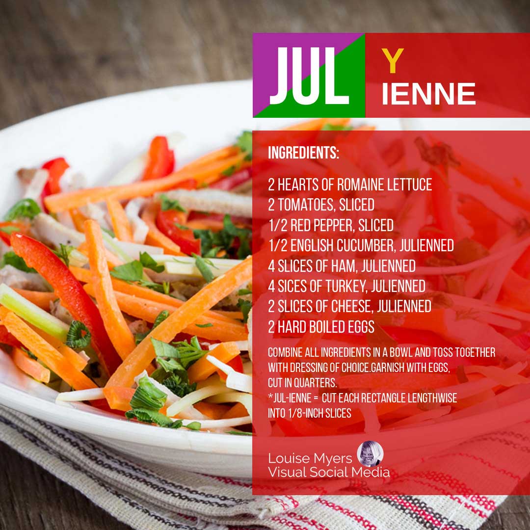 julienned vegetable salad with recipe overlaid on red background.