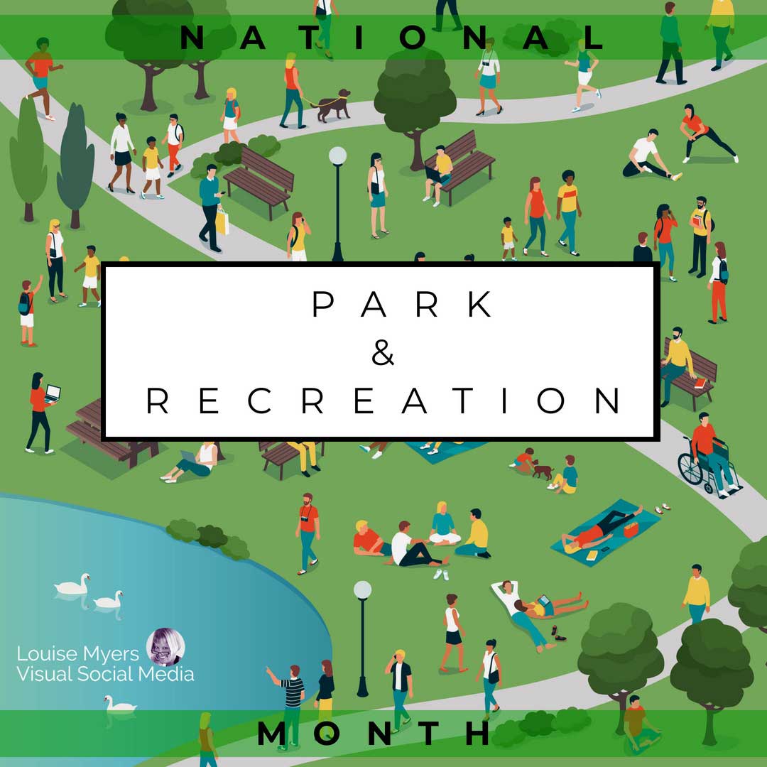 graphic illustration of people playing in a park says park and recreation month.