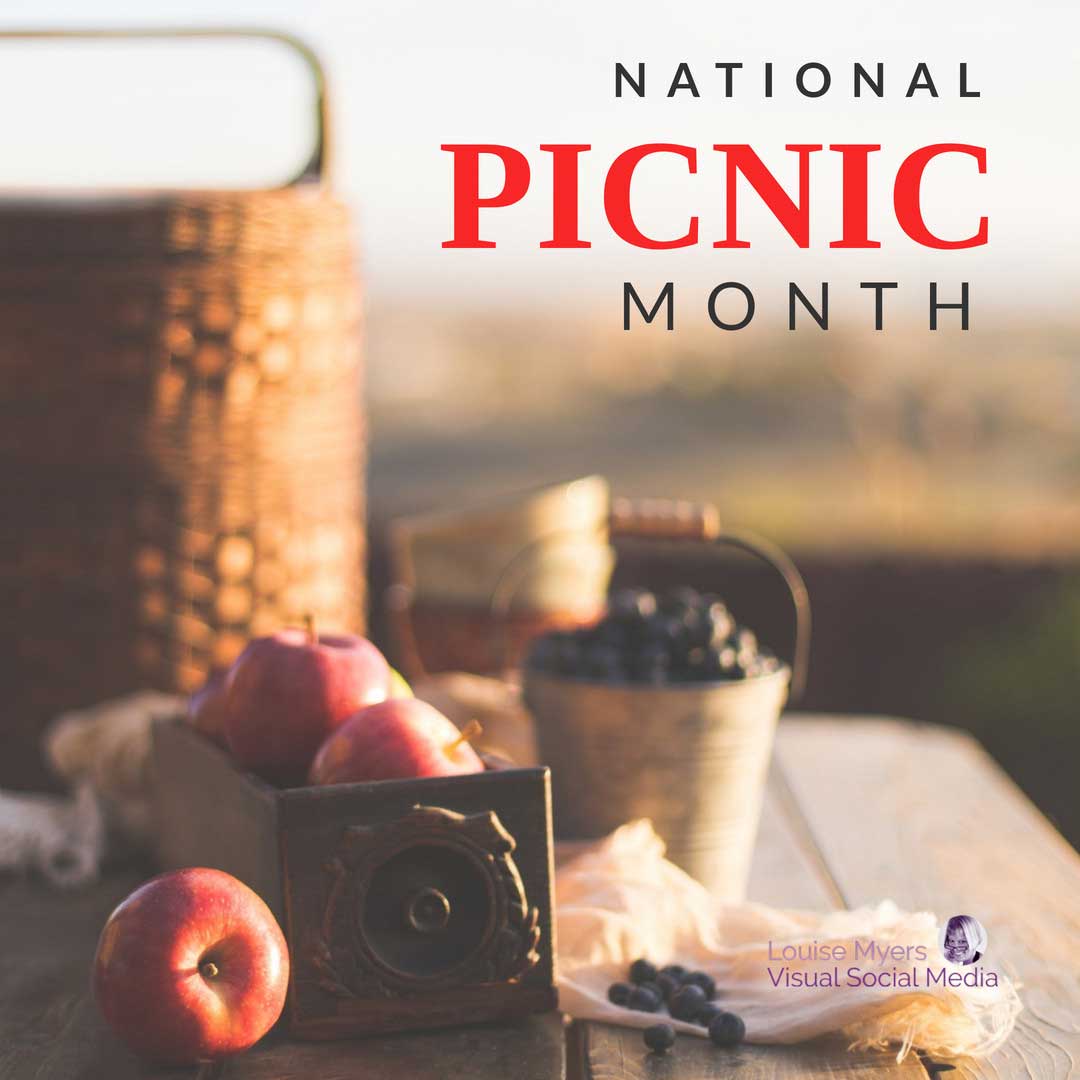 picnic basket on table says national picnic month.