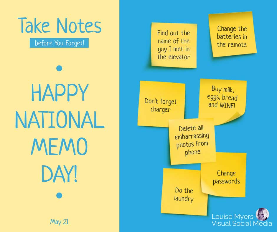 yellow post its on blue wall says happy National Memo Day.