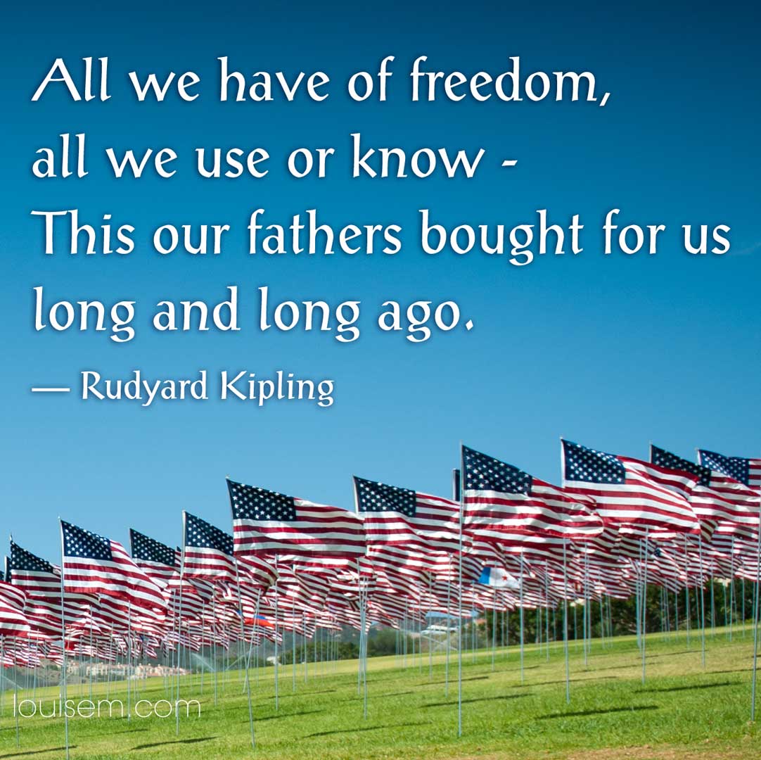 dozens of american flags with freedom quote for memorial day.