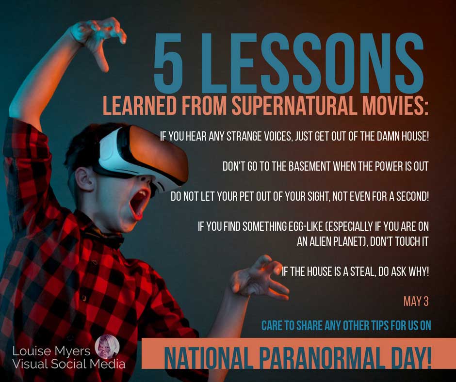 goofy guy in VR mask has 5 lessons from scary movies for paranormal day.