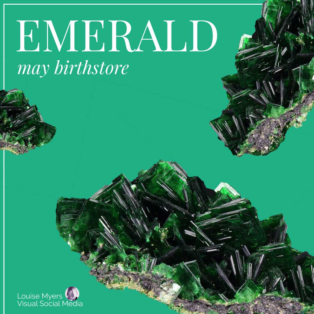 green gems with text saying May's birthstone is emerald.