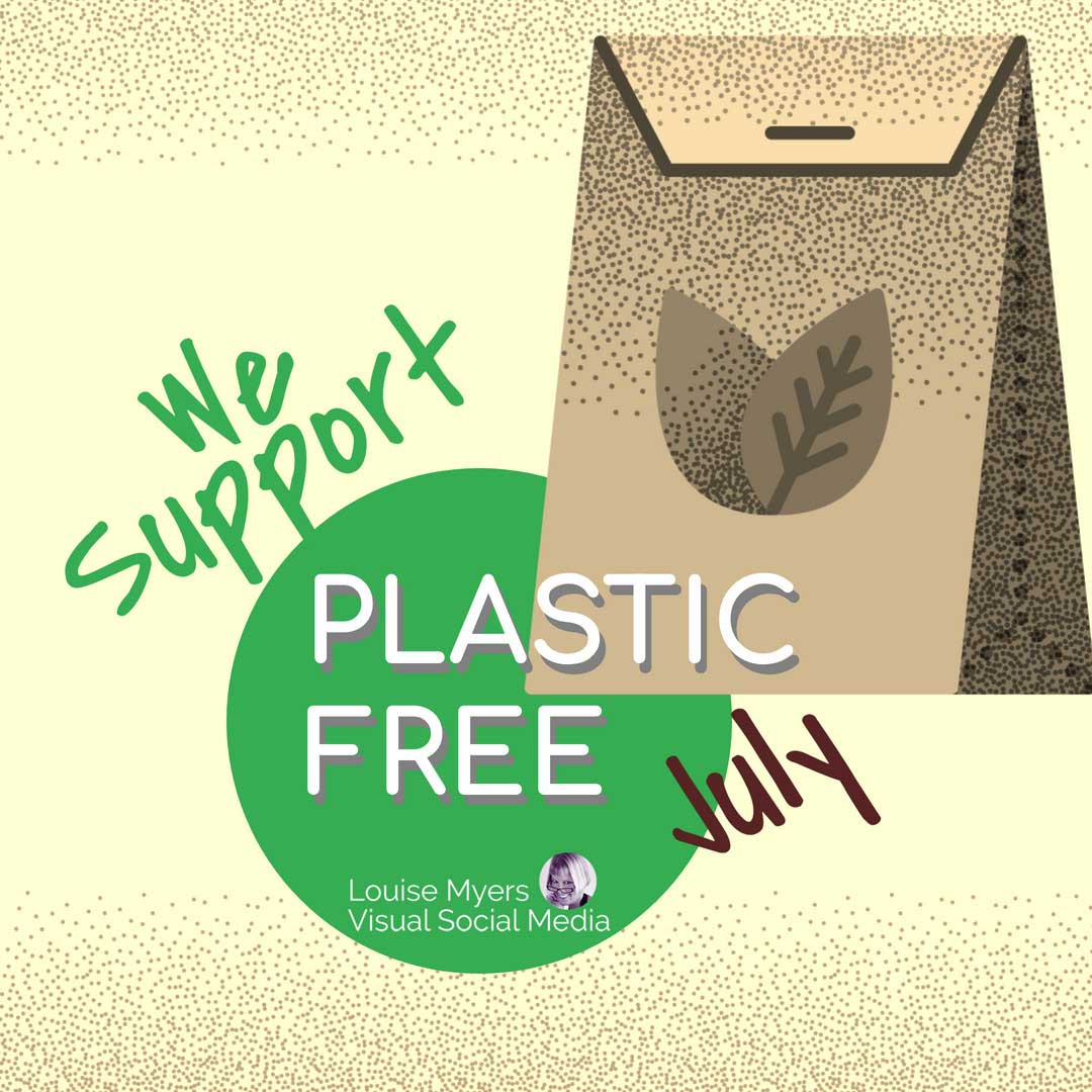 paper bag graphic says we support plastic free july.