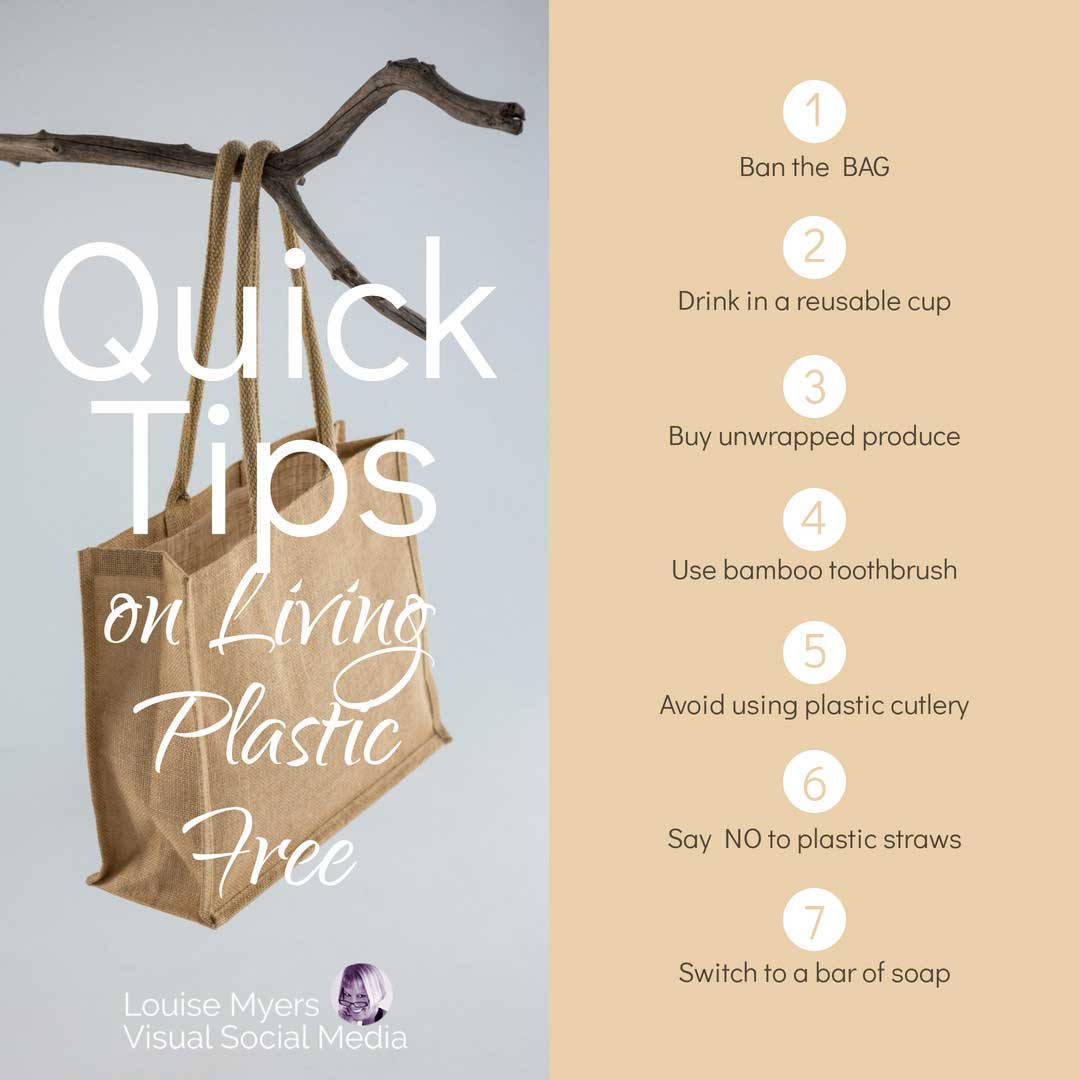 cloth shopping bags has text quick tips on living Plastic Free for July.