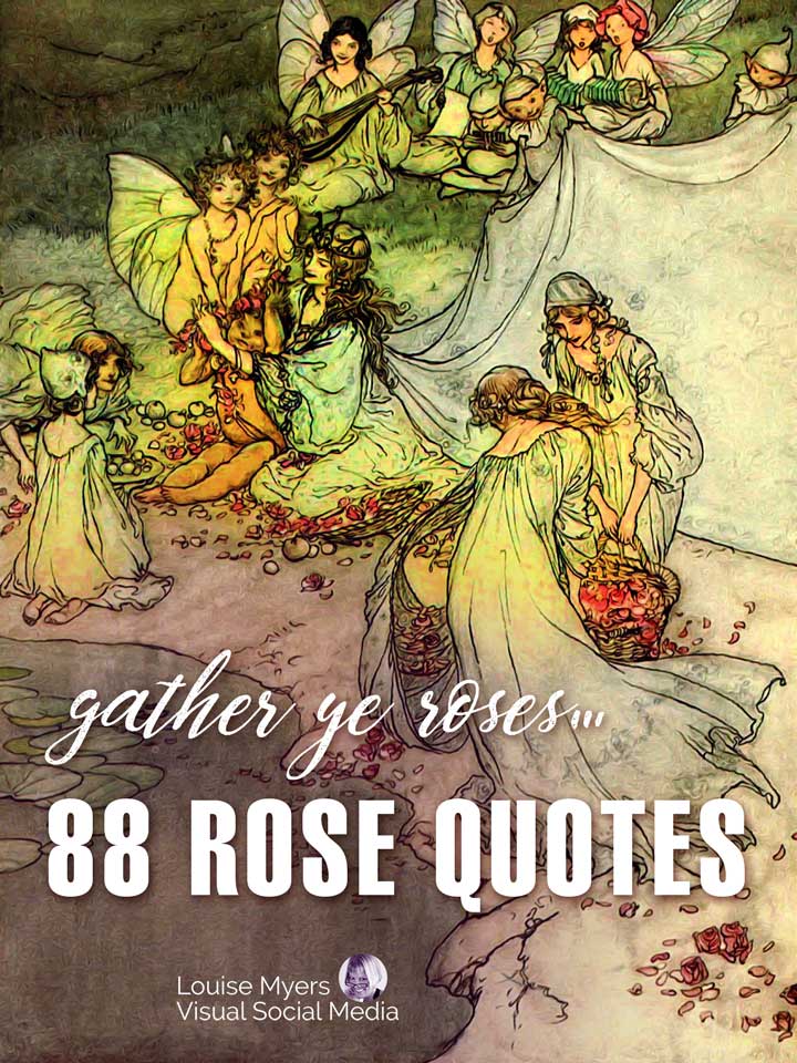 vintage art of women gathering roses says Gather ye roses 88 rose quotes.