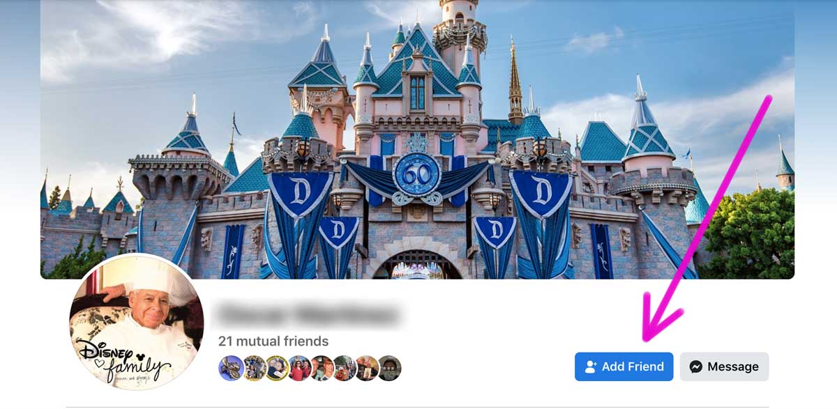 Perfil de Facebook con el banner del Castillo de Disneyland que muestra el botón Agregar amigos.