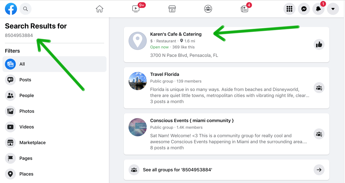phone number search results on facebook in browser.