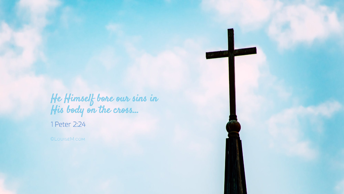 church steeple with cross on light blue sky Facebook cover photo with 1 Peter 2:24 verse.