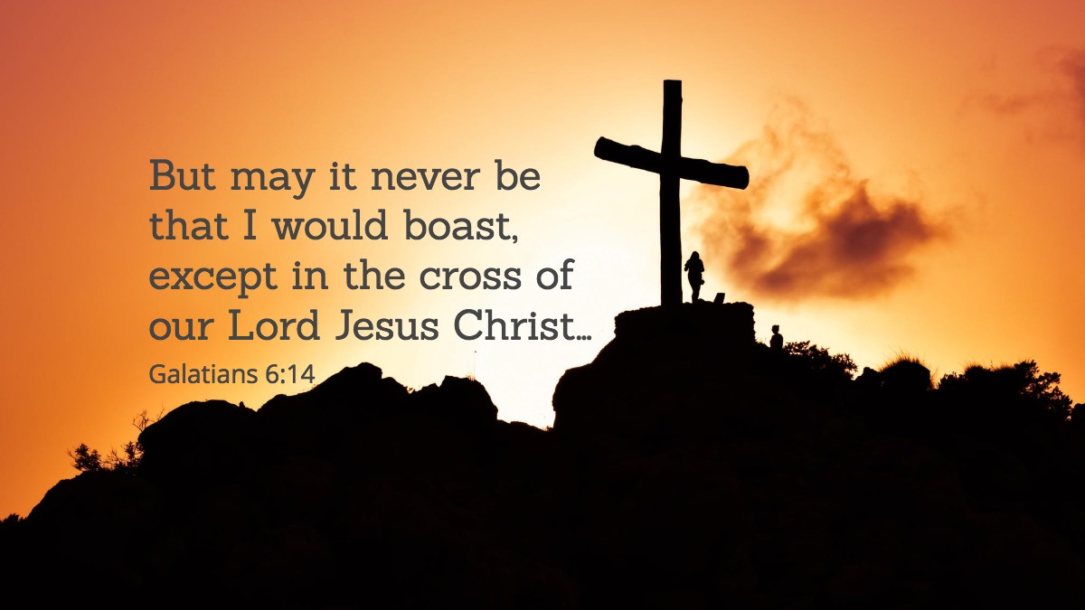 cross on hill silhouetted against sunrise sky Facebook cover photo with Galatians 6:14 verse.
