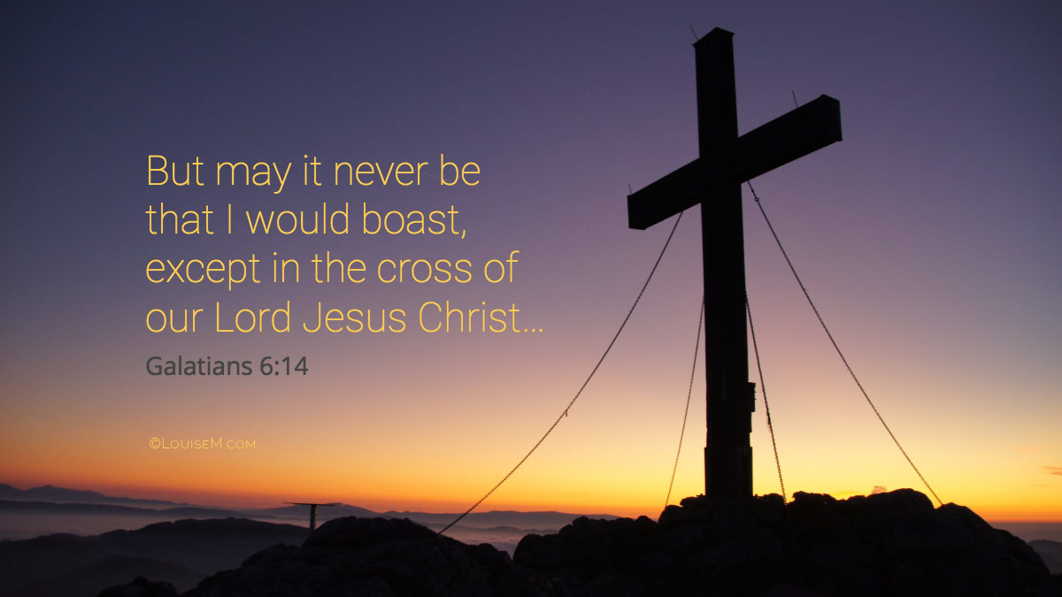 cross on hill silhouetted against twilight sky Facebook cover photo with Galatians 6:14 verse.