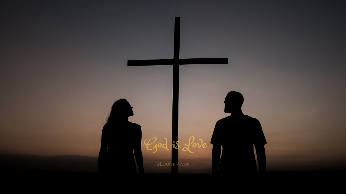 La silueta de una pareja junto a la cruz dice que Dios es amor.