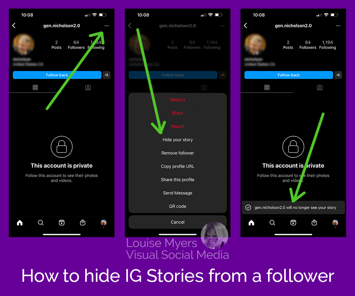 3 screenshots showing how to hide your Instagram Stories from a follower.