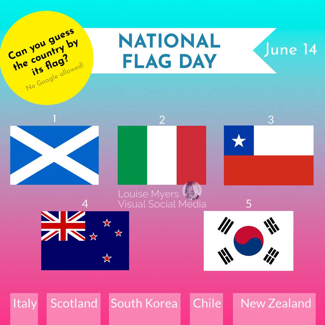 graphic of 5 country flags with quiz for National Flag Day.
