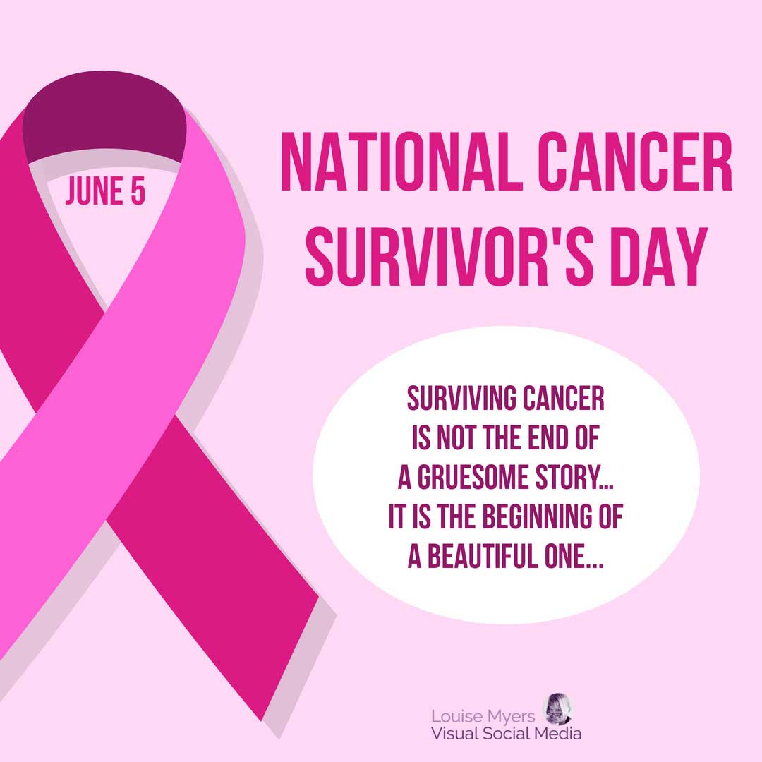 pink ribbon on light pink background says National Cancer Survivors Day.