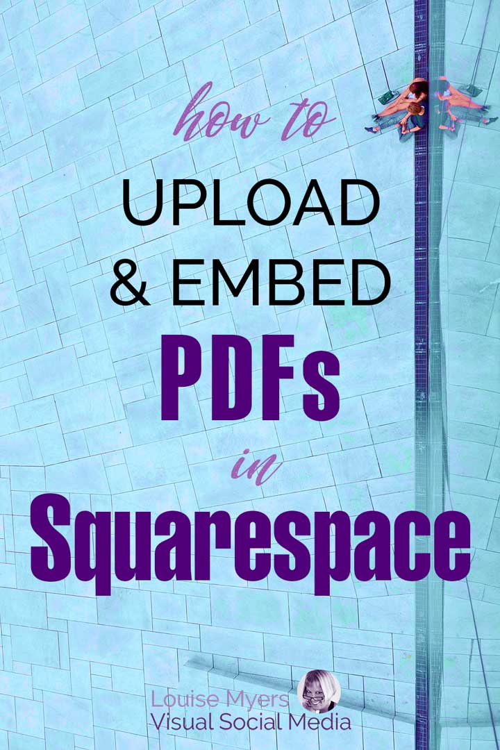 couple sitting on turquoise gridded square says how to upload and embed PDFs to Squarespace.