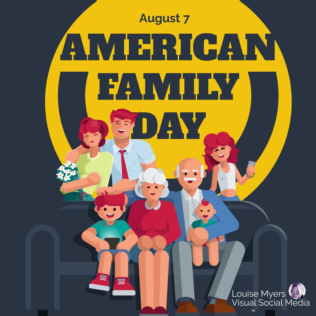 cute cartoon of extended family says American Family Day.