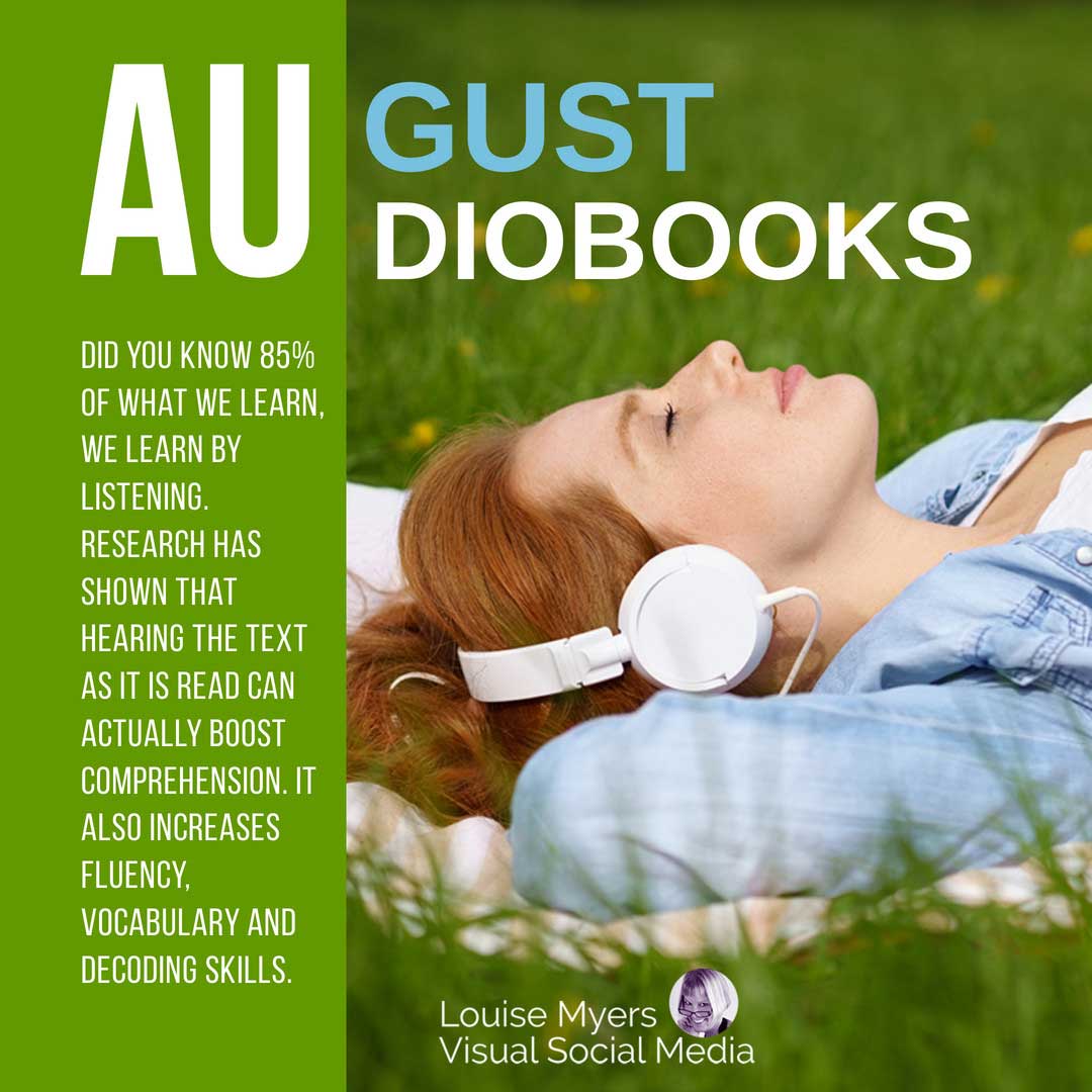 woman with headphones relaxing on grass gives august audiobook tips.