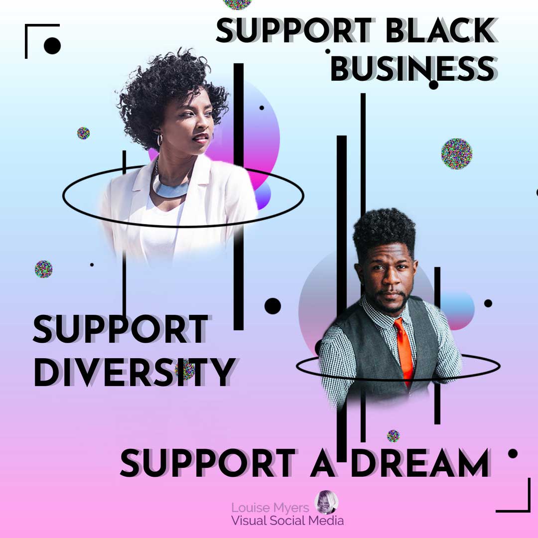 black man and woman on pastel background says support black business.