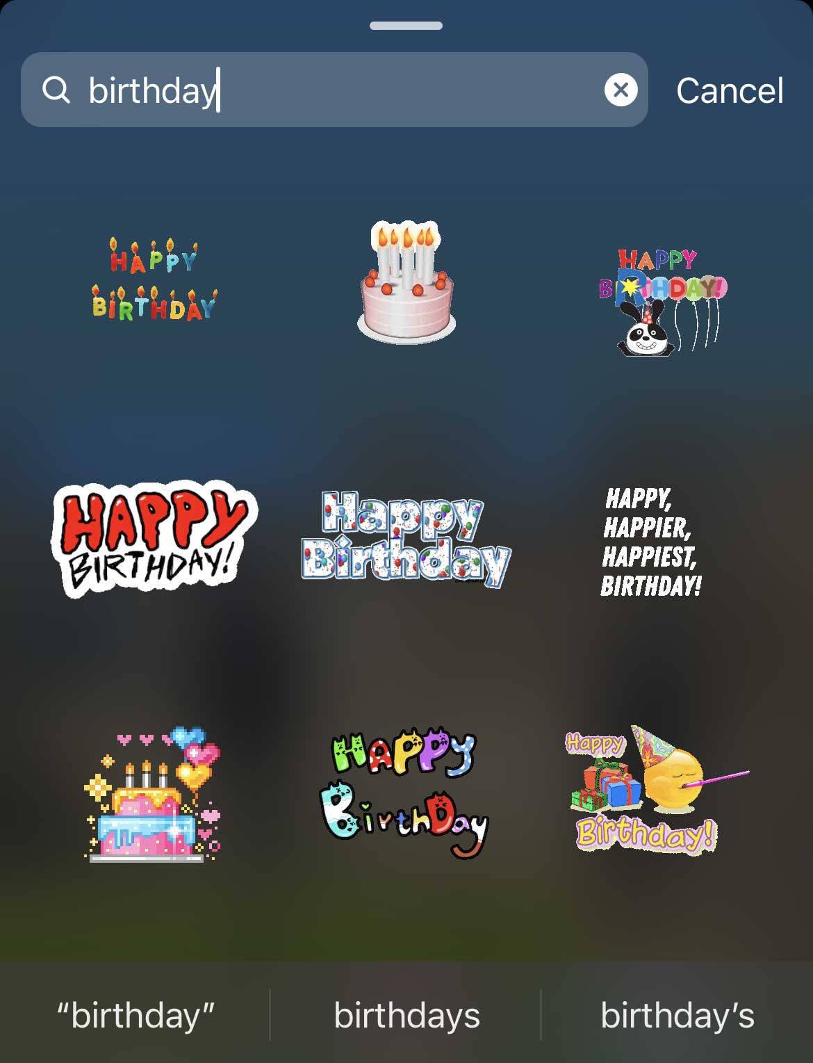 search results for birthday instagram stickers.