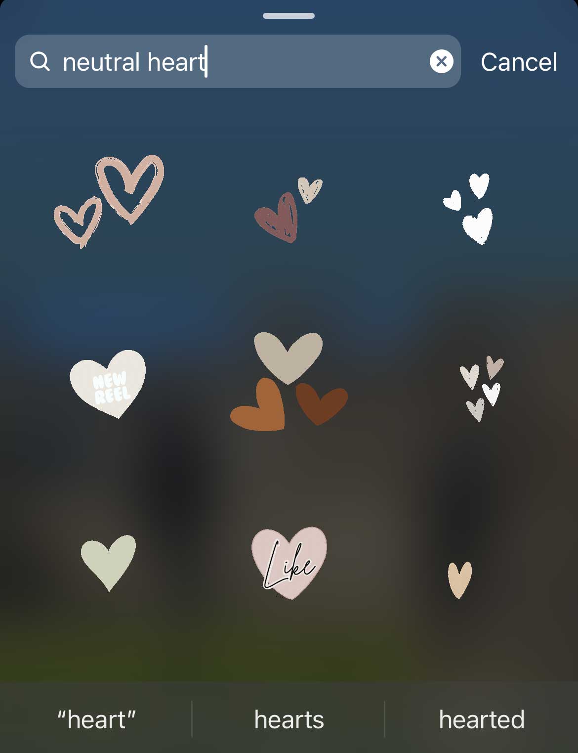 search results for hearts instagram story stickers.