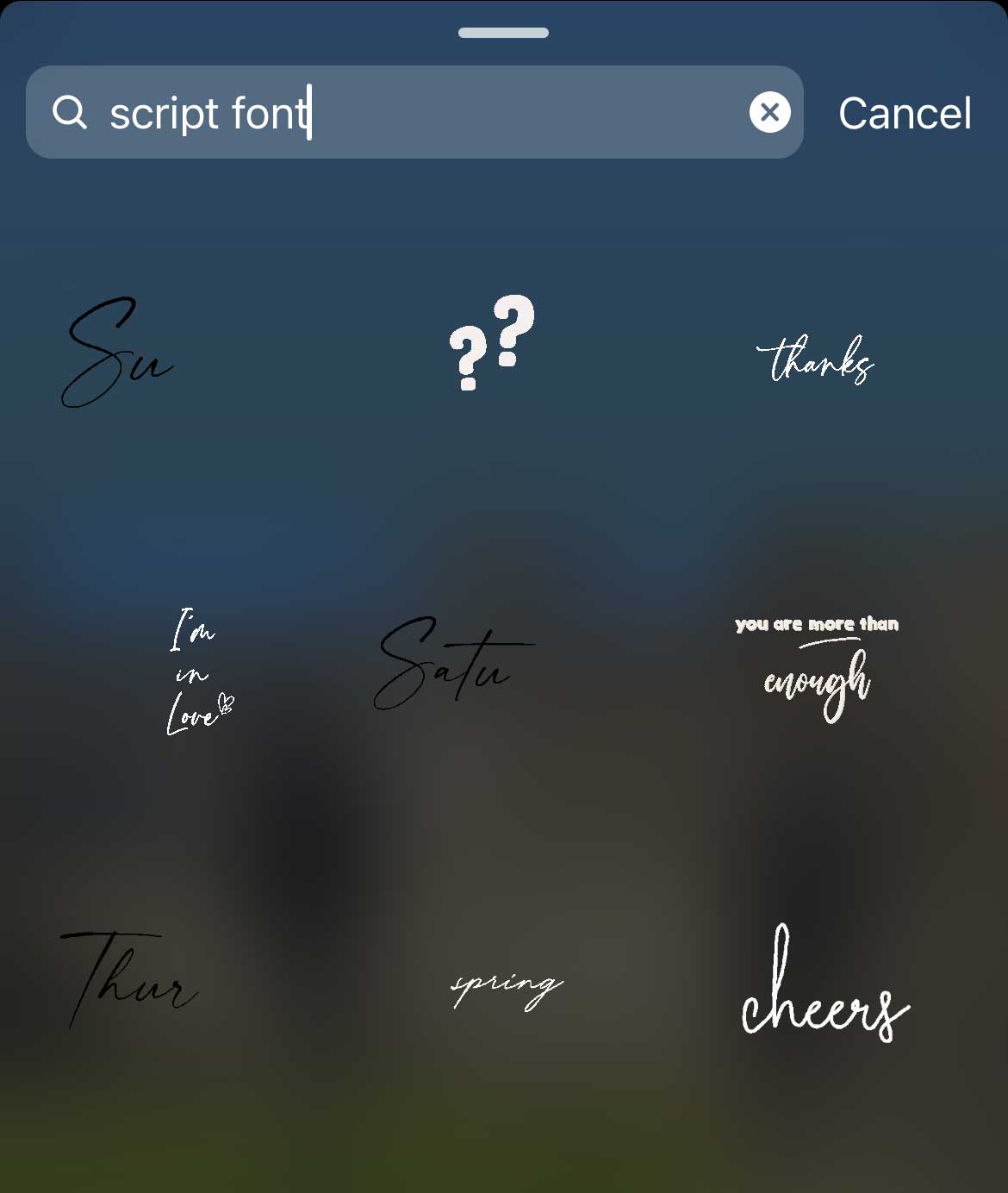 search results for script font instagram stickers.