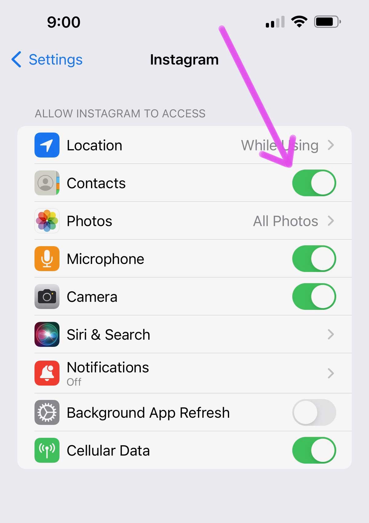 allow instagram to access contacts in phone settings.