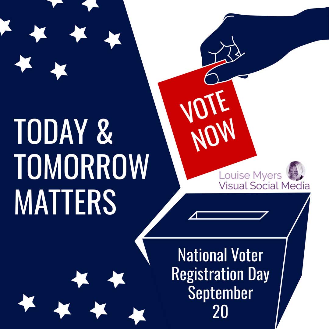 deep blue graphic of hand placing red ballot in votong box for national voter registration day september 20.
