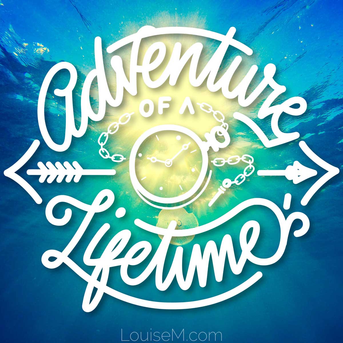 underwater photo looking towards yellow sun in center has circular type saying adventure of a lifetime.